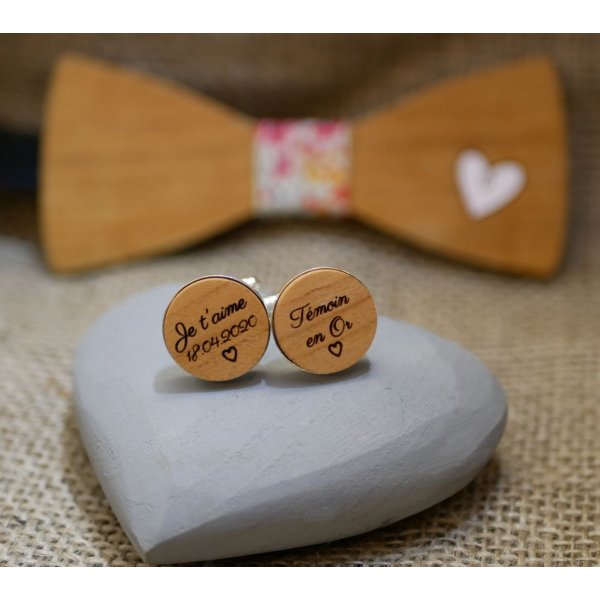 Versilberte Manschettenkn&ouml;pfe aus Platin, 16 mm, aus Holz mit Gravur 