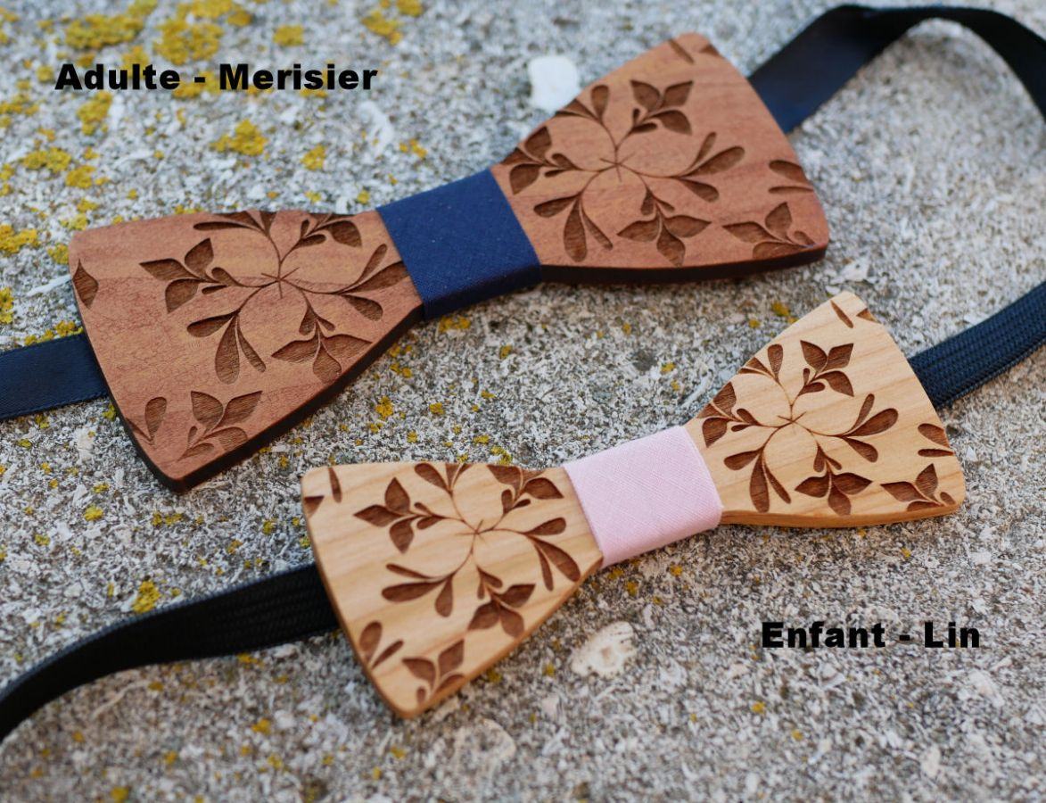 Bowtie Kind aus Holz graviert Blumen zu personalisieren passend zu den Männern Modell