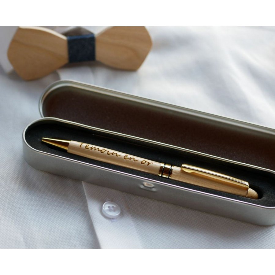 Stylo gravé personnalisé en bois coffret métal